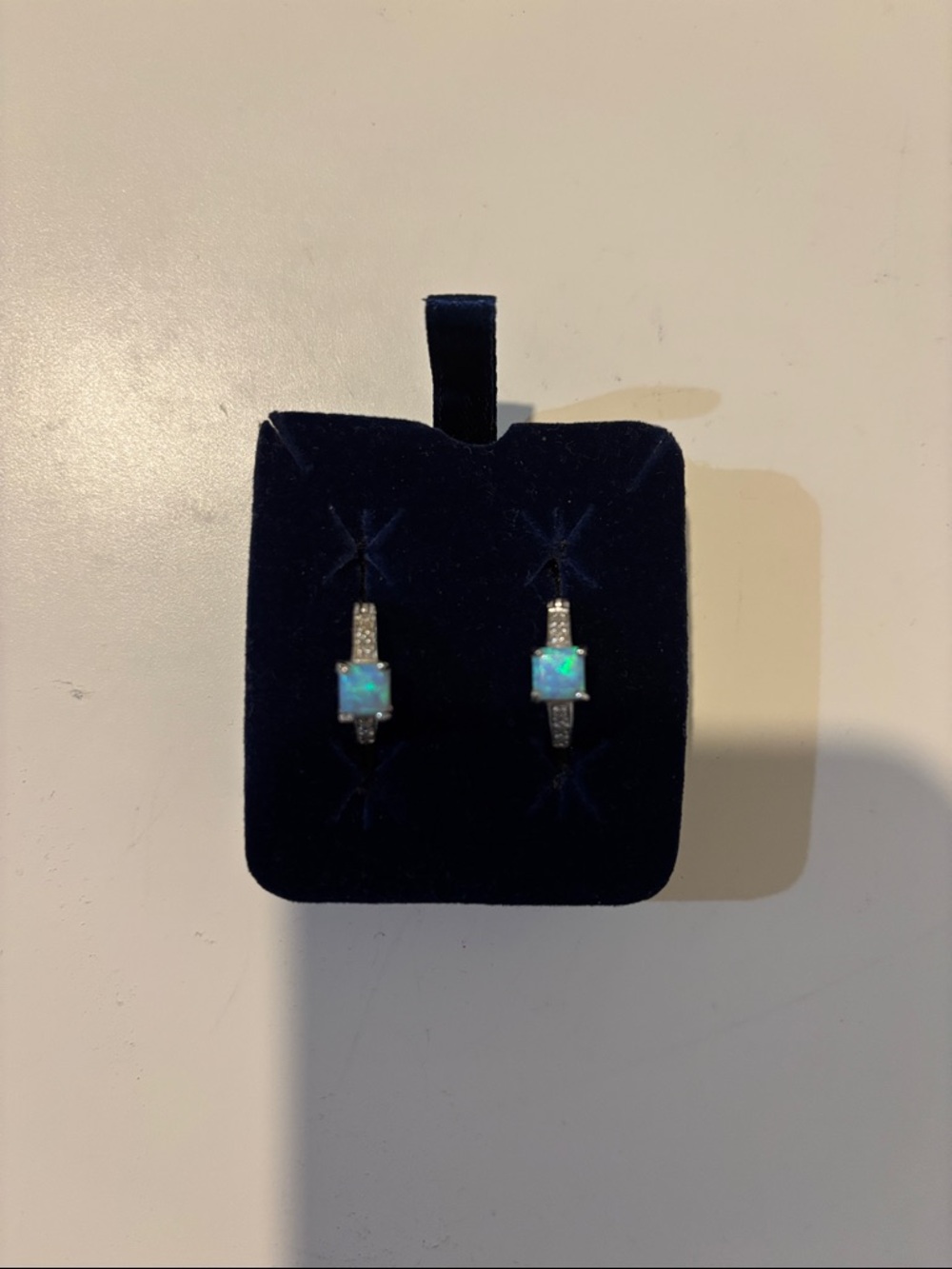 Square Blue-Green Opal Drop Earrings with Sparkling Accents